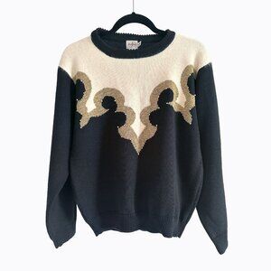 Vintage TanJay Sweater Sz L Black Cream Metallic Bead Embellished Western Motif